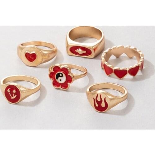 New Arrival Metal Geometric Wedding Bands Rings Womens Ethnic Alloy Tai Chi Flowers Love Flame 6 Piece Rings Jewelry for Girls