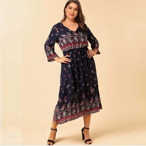 Autumn Women Beach Maxi Dress Elegant Female Print V Neck Dress Casual Empire Waist Long Party Dresses Plus Size L-3XL