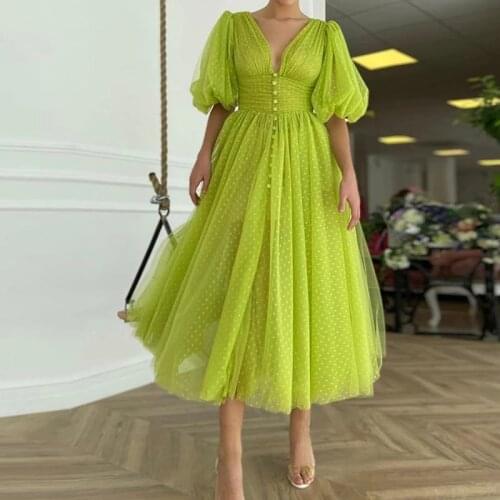 Hot Sale 2021 Light Green Prom Party Dresses Tea Length V Neckline Half Sleeves Wedding Guest Gowns Illusion Short Pleating