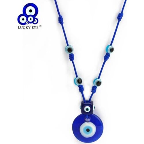 Lucky Eye Glass Blue Turkish Evil Eye Bead Necklace Rope Chain Water Drop Round Pendant Necklace for Women Girls Jewelry NB206
