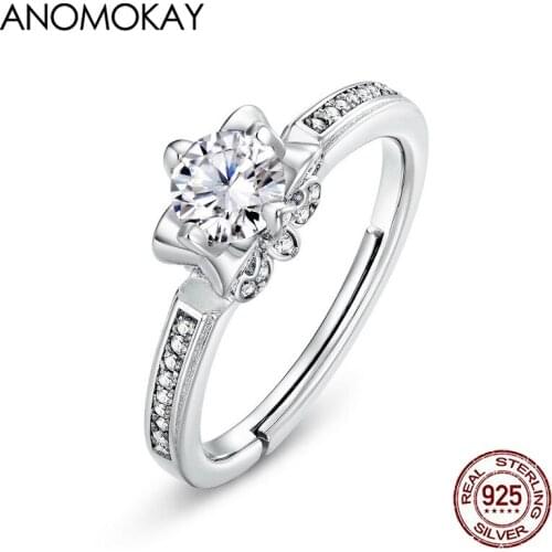 Anomokay Luxury Flower Prong Setting Zircon Silver Rings for Wedding Engagement 100% 925 Sterling Silver Adjustable Ring Jewelry