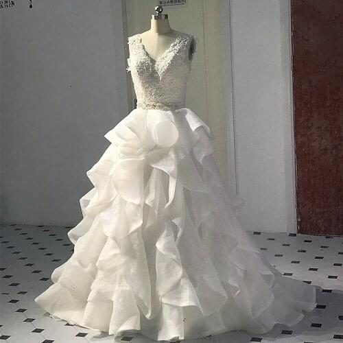 RSW1446 V Neckline Venice Lace Organza Ruffles Wedding Dress