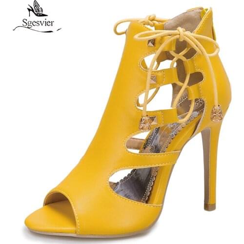 Sgesvier 2021 Summer Shoelaces Thin High Heels Slingback Hollow Out White Gladiator Sexy Woman Shoes Party Sandals Plus Size 50