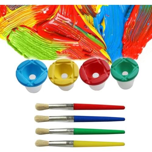 Spill Proof Paint Cups 4pcs Non Spill Paint Cup + 4pcs Paint Bristle Brush Assorted Color Paint Brushes For Watercolor Art Pen