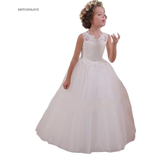 High Quality Flower Girl Dress Ball Gown Embroidery Lace Elegant Little Kids Bride Dress Bow Rhinestone Belt Pretty Party Gowns