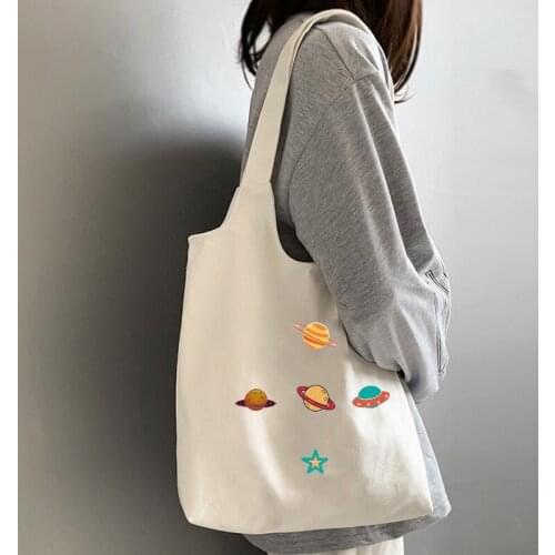 Spaceship Graphic Women Canvas Shoulder Bag Simple Shopping Bags Cartoon Planet School Bag Cotton Cloth Handbags Tote for Girls