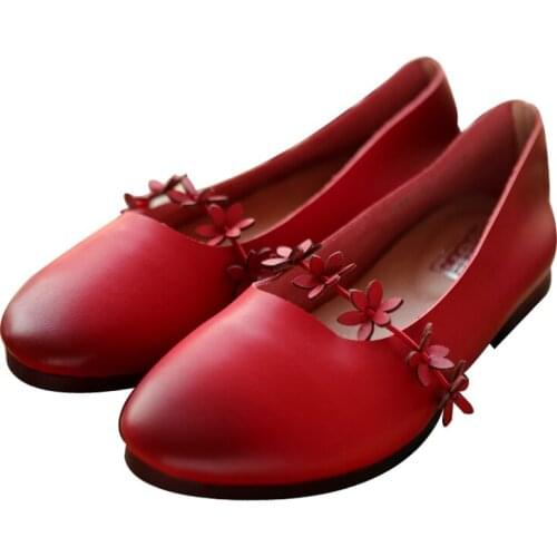 Womens casual comfort real leather shallow mouth flower flat shoes retro art leisure single shoes