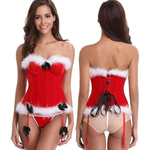 Womens Santa Lingerie Red Christmas Corset Babydoll Set Chemises Xmas Outfit Lace Sleepwear Christmas Underwear Bustier