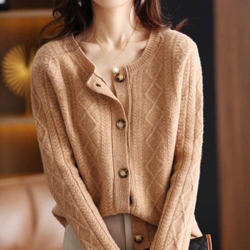 Single-breasted O-neck Womens Button 100% Cashmere Cardigan Sweater Jacket Knitted Loose Oversized Pullover Jacket