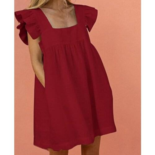 Square Neck Mini Dress Ruffle Sleeve Solid Color Large Hem Pockets Women Casual Dress Summer elegant Women Clothing vestidos