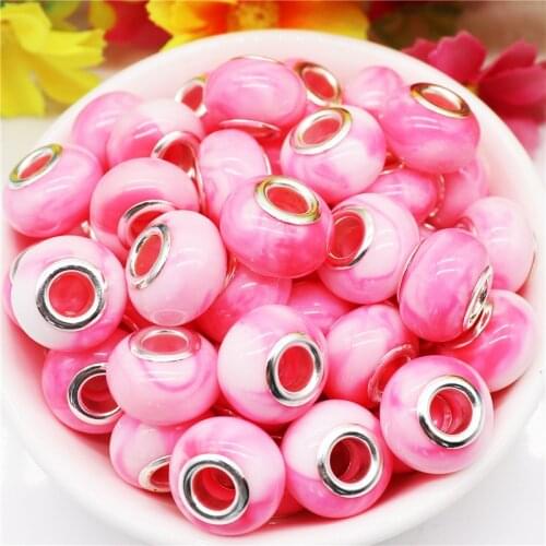10Pcs/Lot New Handmade Pink Resin Murano Charms Hair Beads Big Hole Silde Beads with Metal Core for Bracelet DIY Necklace Making