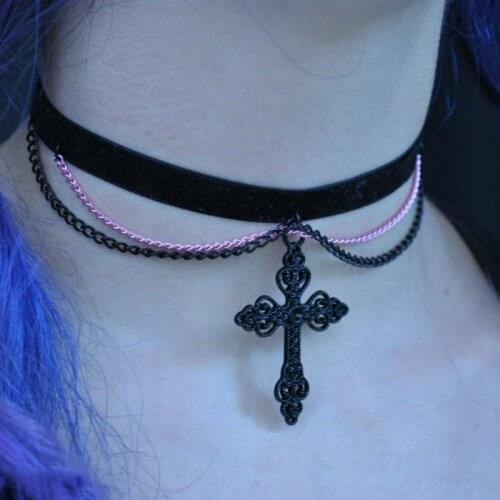 Cross choker necklace,velvet choker,cross choker,day collar,chain choker,cross necklace,gothic lolita choker