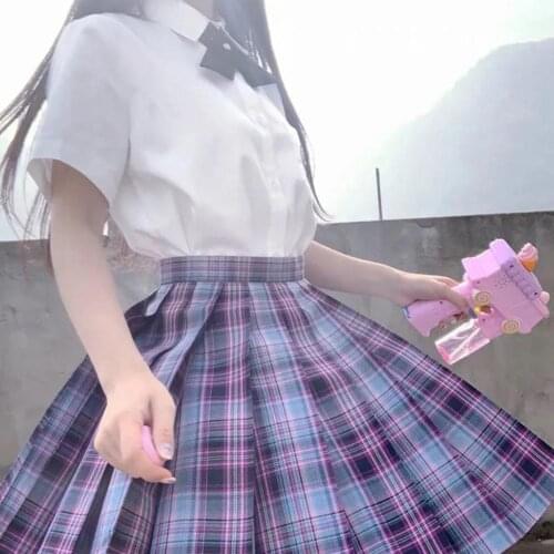 Girls Womens JK School Uniform Japanese Summer High Waist Pleated Plaid Skirts For Students Cloths Bow+Skirt+Blouse Set