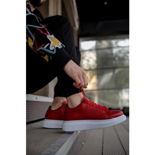 Knack High Sole Men Casual Sports Shoes Red Color Faux Leather Lace-Up Summer Spring Season Elegant Design White Base 044