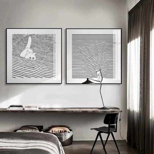 Nordic style black and white lines kitten Canvas Poster Print Cute Simple Wall Art Picture For Living Room Child girl Home Decor