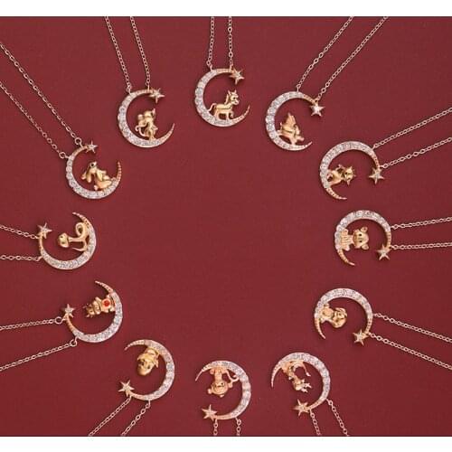 YOUNQ Genuine 925 Sterling Silver 12 Zodiac Animal Necklace Fashion Moon Pendant Necklace for Women Birthday Gifts SBN03