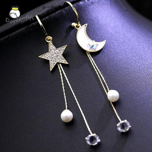 Drop Earrings Shell Pearl Crystal Star Moon Dangle Long Gold 925 Sterling Silver Needle Drop Earring Women Earrings Trendy 2020