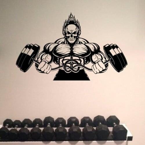 Gym Bodybuilder Vinyl Sticker Skull Pattern Sports Decal Athletic Fitness Decal Boys Teens Room Decorations Barbell Art E116