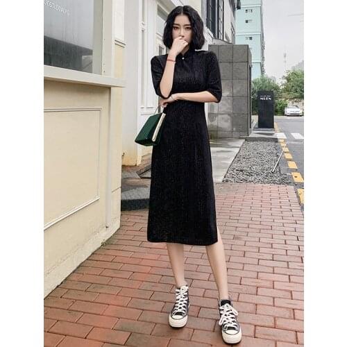 Oriental Dress Black Strip Velvet Cheongsams Dresses Middle Sleeve Festival Outfit Cheongsam Dress Chinese Dress Woman Costume