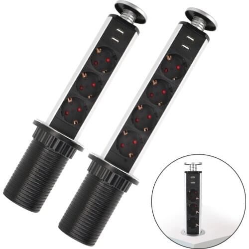 Kitchen Table Pop Up Electrical Socket Power 1 Led+2 charge USB 3/4 power EU Plug Aluminum Shelf Hidden Desktop Sockets