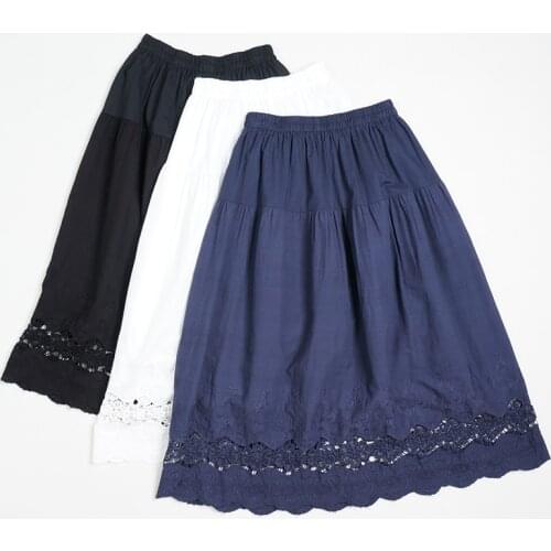 Summer New Japanese Mori Female Hollow Embroidery Hem Skirt Retro All-Match Solid Color Stitching Pleated A-Line Skirt Female