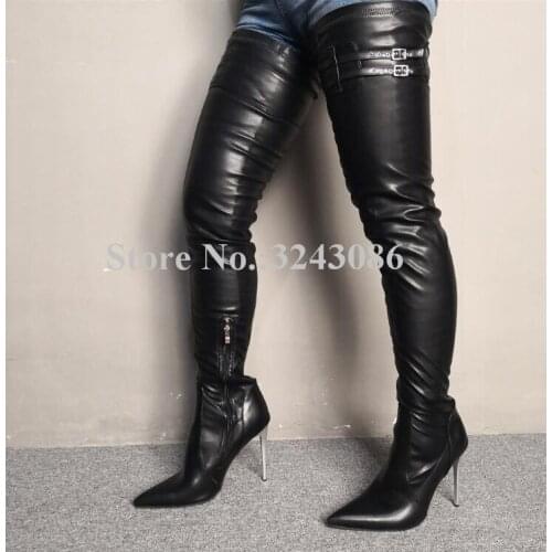 New Arrival Black Leather Thigh High Boots Woman Thin Metal Heel Buckle Strap Pointed Toe Over-the-knee Boots Lady Dropship