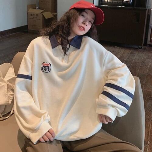 Autumn womens 2020 new sweatshirt polo collar loose stitching Harajuku style drop shoulder long-sleeved casual top