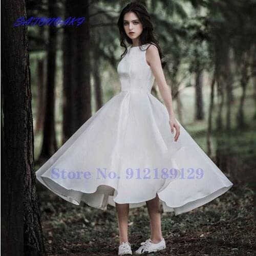 2021 Women White Satin Wedding Dresses Scoop Neck Sleeveless Tea Length Bridal Gown Robe De Mariée Vestidos Sukienka Online Shop