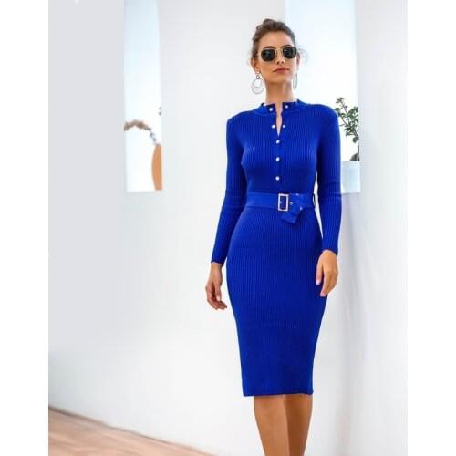 Women Bodycon Dress Knitted Autumn Winter Clothing New Pearl Button Long Sleeve Sweater Dress Casual Blue Red Black Dress