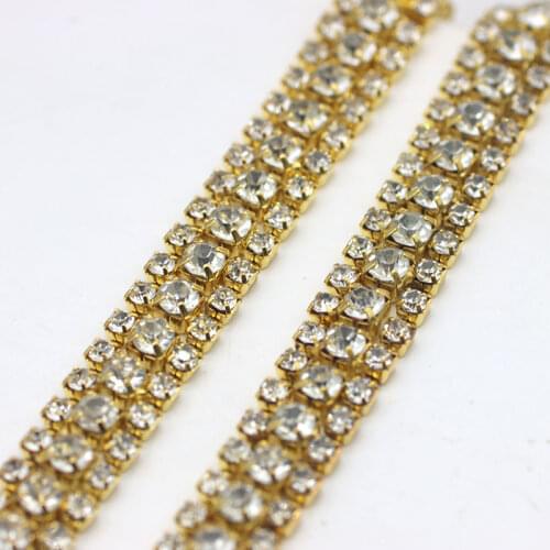 3 Rows Crystal Rhinestone Cup Chain Gold Base With Claw Dress Decoration Rhinestone Trim Applique Sew on Garment Shoes