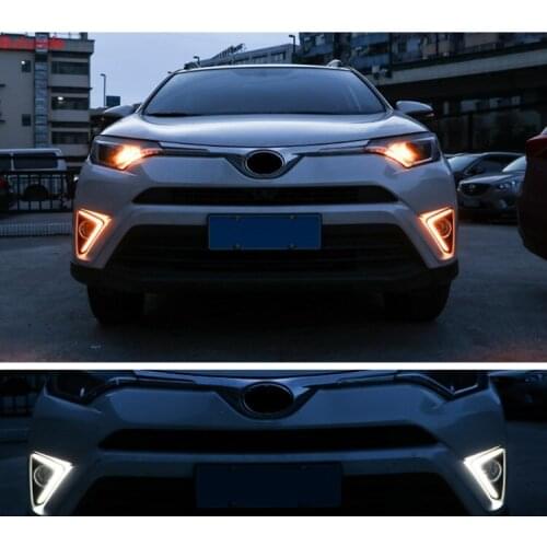 1 Set 12V ABS Car LED DRL Daytime Running Light Led Fog Lamp Cover With Trunning Yellow Signal For RAV4 2016 2017 2018