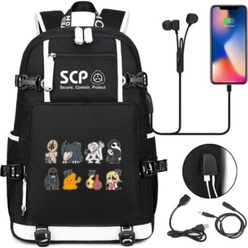 SCP Foundation Backpack Black Bookbag Cartoon School Bags for Teenage Kids SCP Travel Bagpack USB Laptop Mochila Escolar