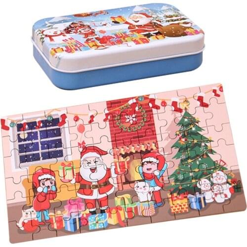 New 60-Piece Iron Box Santa Claus Wooden Puzzle Baby Color Cognitive Ability Educational Toy Children Gift Cartoon Puzzle