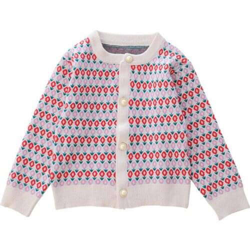 DFXD Flower Jacquard Cardigan Sweater For 2-7Year Girls Fashion Autumn Long Sleeve Pearl Buttons Knitwear Toddler Girls Sweaters