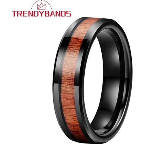 Black 6MM Wood Inlay Ring Tungsten Carbide Wedding Band For Men Women Polished Shiny