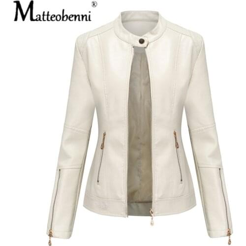 Autumn Women fashion Faux Leather Jacket Biker Red White Coat Turndown Collar PU Motorcycle Jackets Slim Streetwear Plus Size