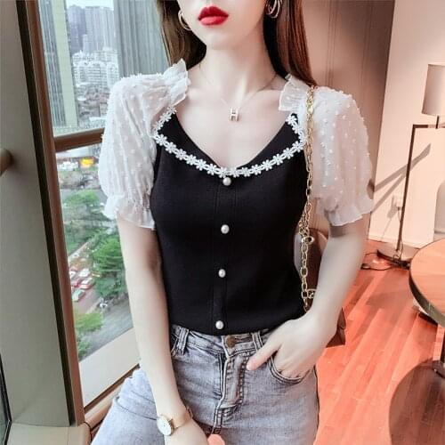 Summer Lace Short Sleeve Chiffon Tees Women Clothing Korean Clavicle Lace Splicing Crop Tops Female Casual T-Shirts