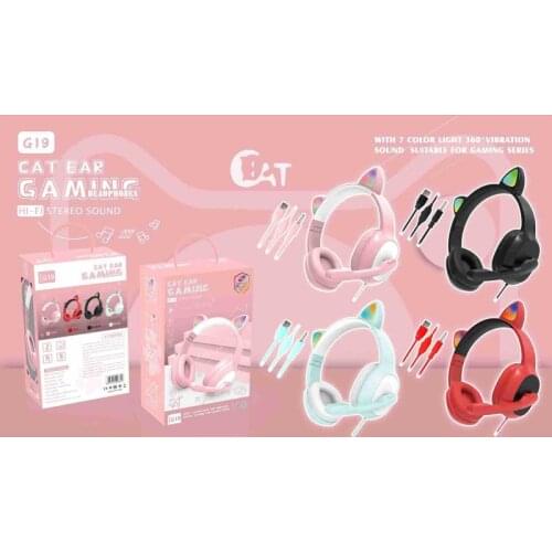 New G19 RGB Flash Light Cute Cat Ears Wired Headphone With Mic Can Control LED Headset Kid Girl Earphone Stereo Music Earpiece