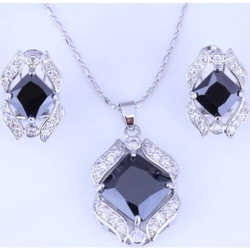 Love Monologue Stylish Black Imitation Onyx Cubic Zirconia Silver Color Necklace/Pendant/Stud Earrings Jewelry Sets H0225