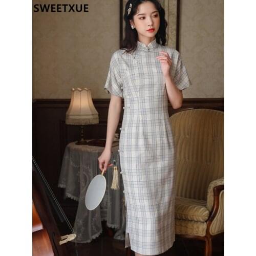 SWEETXUE 2021 Summer Vintage Plaid Chinese Style Short-Sleeved Single-Breasted Cheongsam Slit Slim Elegant Dress Women Clothing