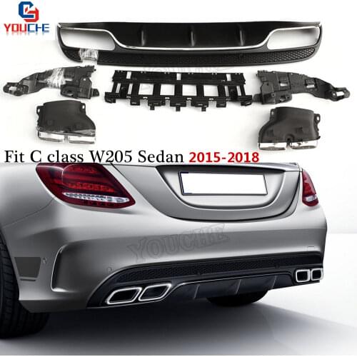 W205 AMG C63 Style Rear Diffuser with 4-outlet Exhaust Tips for Benz C Class Sedan Wagon with AMG Package S205 2015 - 2018