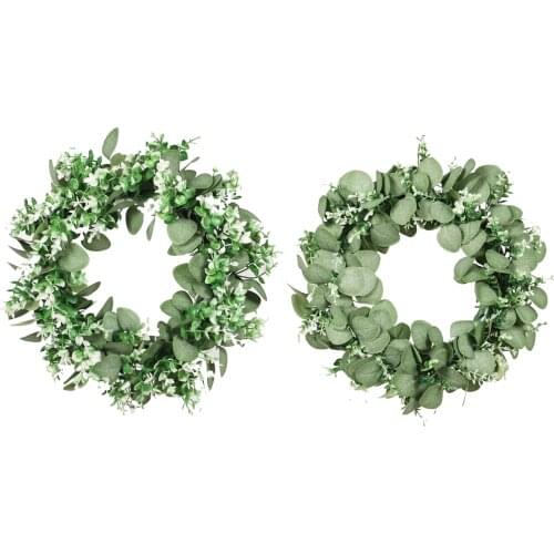 Green Artificial Eucalyptus Wreath, Fake Leaves Door Hanging Garland for Home Office Wedding Living Room Decor