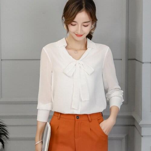 Womens Leisure Bottom Shirt Spring Summer Long Sleeve Pure Color Blouses Female New Korean Fashion Casual Bowknot Top H9070