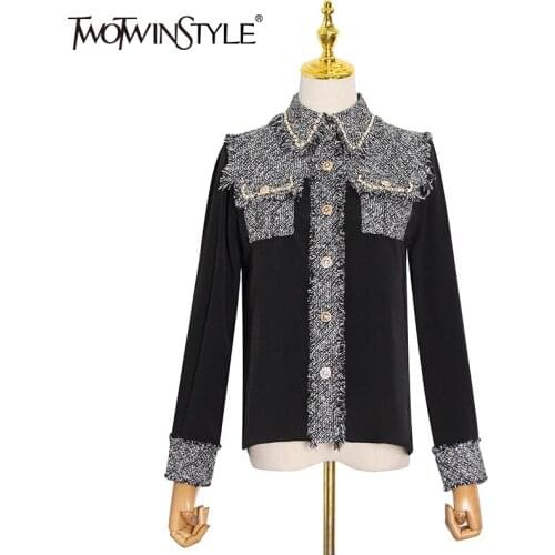 TWOTWINSTYLE Patchwork Elegant Shirt For Women Lapel Long Sleeve Casual Blouse Female Fashion New Clothing 2020 Autumn Style