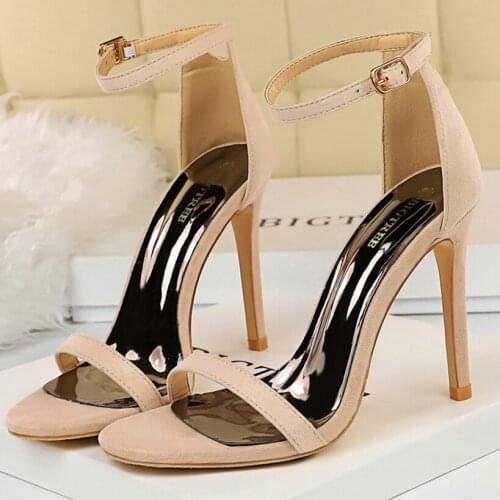 2021 New Women 10cm High Heels Strap Sandals Lady Fetish Stripper Strappy Party Dress Shoes Suede Stiletto Nude Red Green Pumps