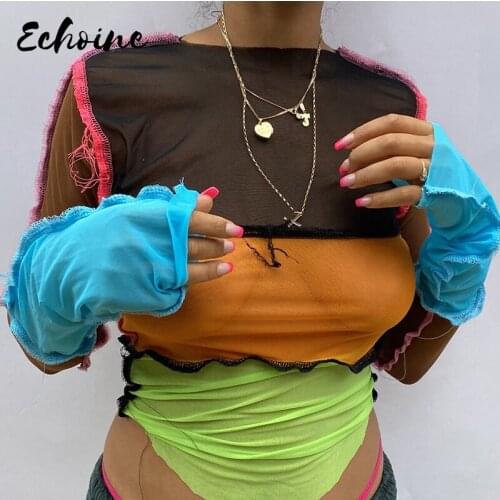 Women Mesh Sexy Striped Patchwork O-Neck Fashion Tops Asymmetry Fashion Hot Street Colorful Clubwear Female Slim T-Shirt