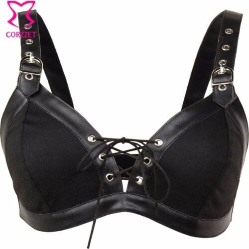 Black Leather & Cotton Lace Up Buckle Sexy Push Up Bralette Top Steampunk Bra Gothic Bras For Women Nightclub Pole Dance Wear