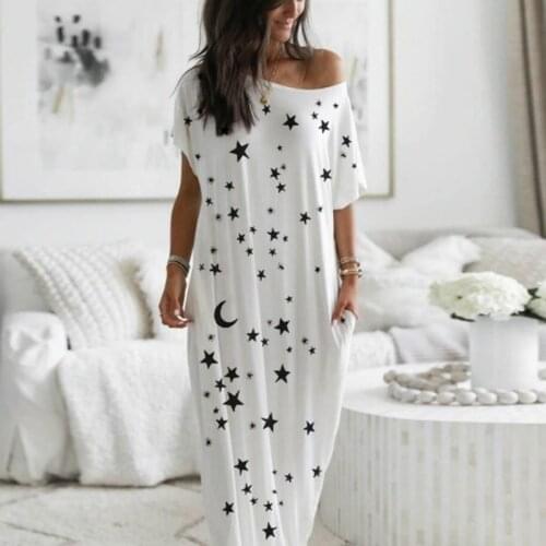 Women Moon Star Print Dress Summer Off Shoulder O-Neck Short Sleeve Vestidos Plus Size Butterfly Print Homewear Maxi Dresses