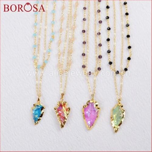 BOROSA Gold Color Rough Natural Titanium Quartz Arrowhead Layer Necklace with Mixed Color Stone Beads Handmade Necklace G0760