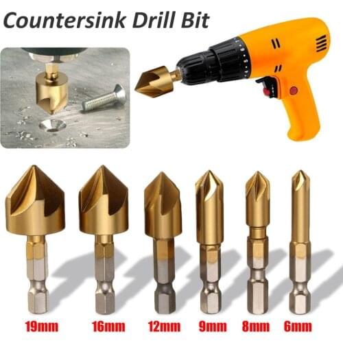 6PCS Hexagonal Shank Titanium Coated Five Flutes Countersink Drill Bit